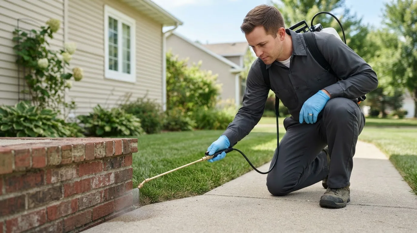 Pest control technician treating a home near Mainesburg, PA