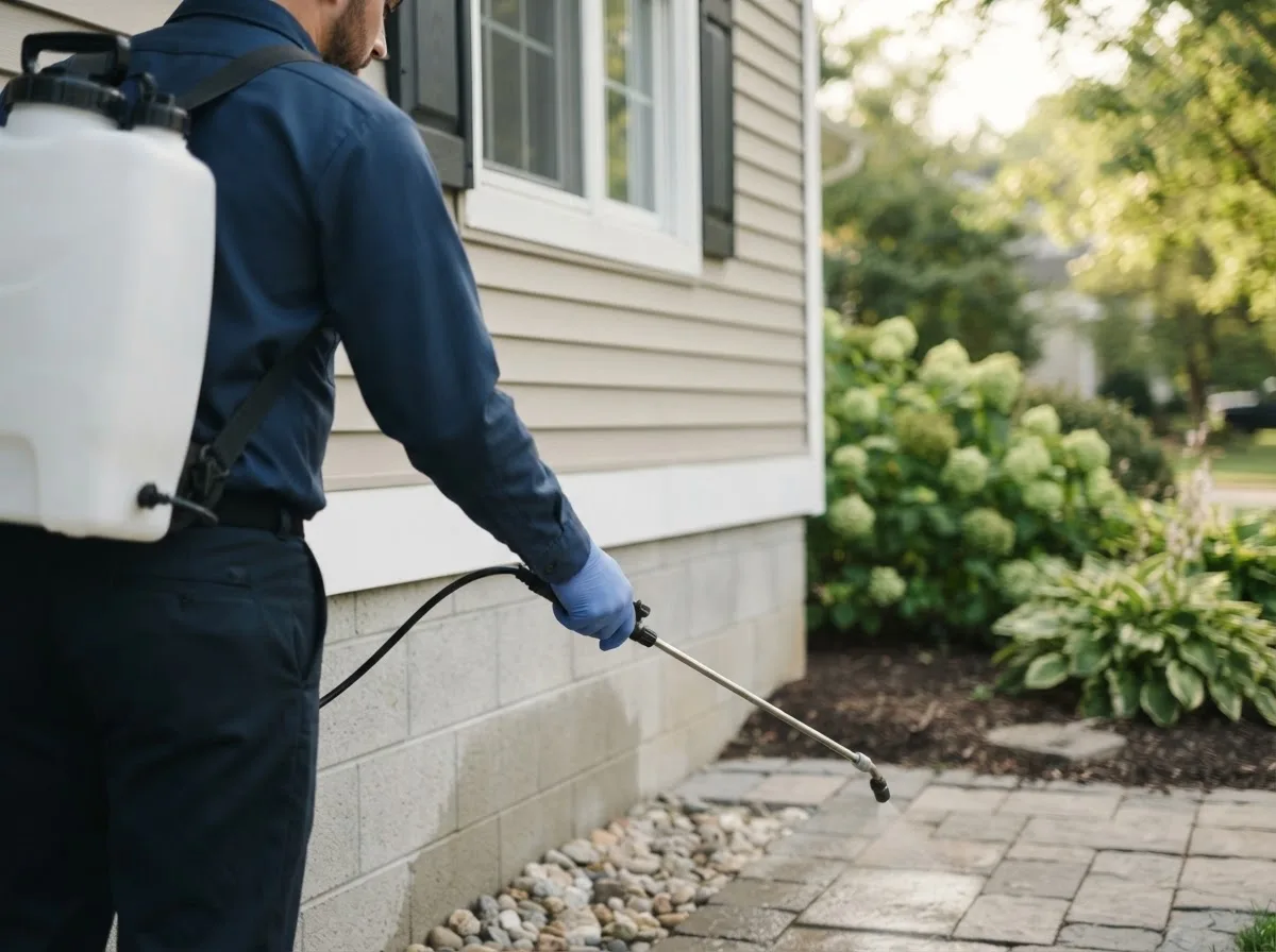 Pest control technician inspecting a home in Mainesburg, PA
